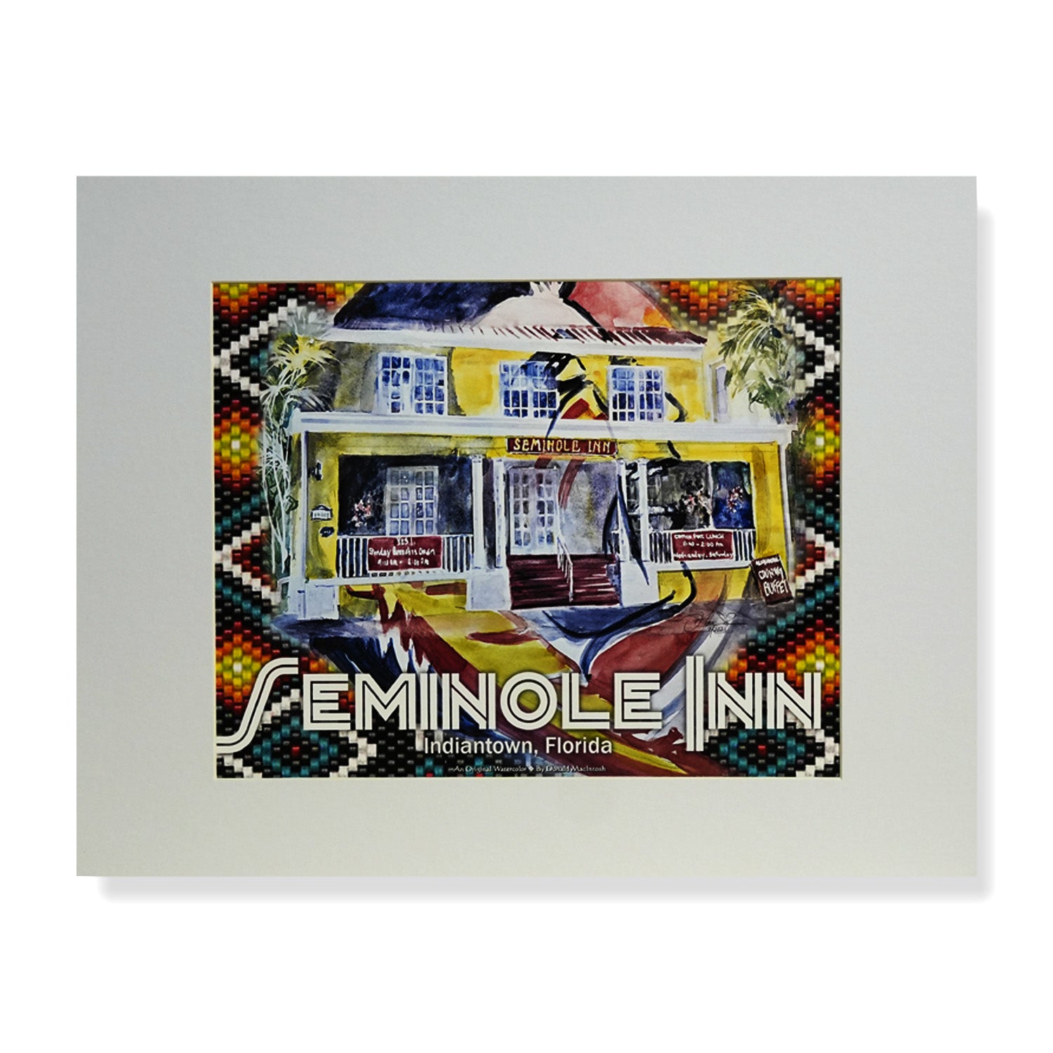 Poster-style watercolor painting of the historic Seminole Inn in Indiantown, Florida by Treasure Coast artist Don MacIntosh
