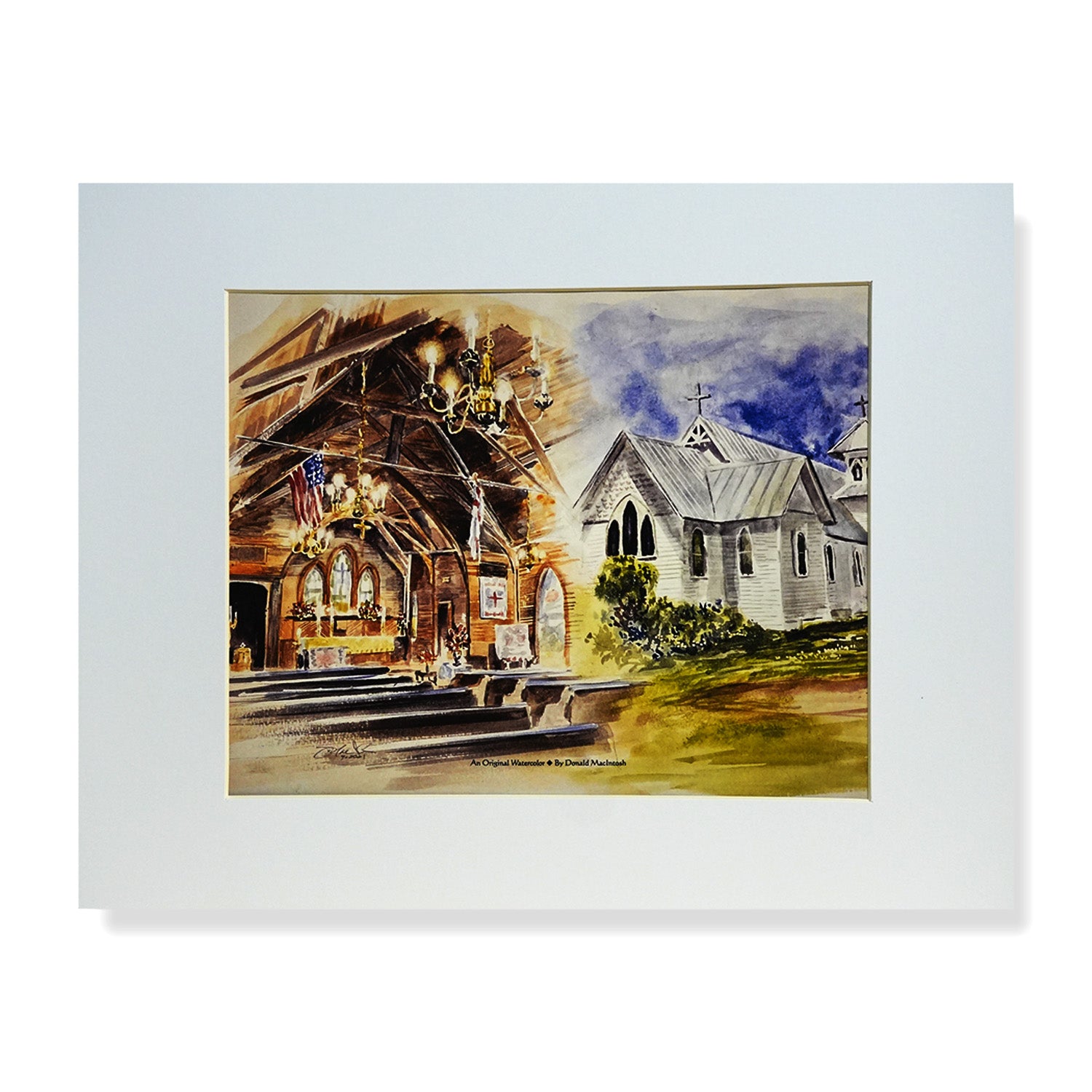 Watercolor painting of All Saints Episcopal Church in Jensen Beach, Florida by Treasure Coast artist Don MacIntosh
