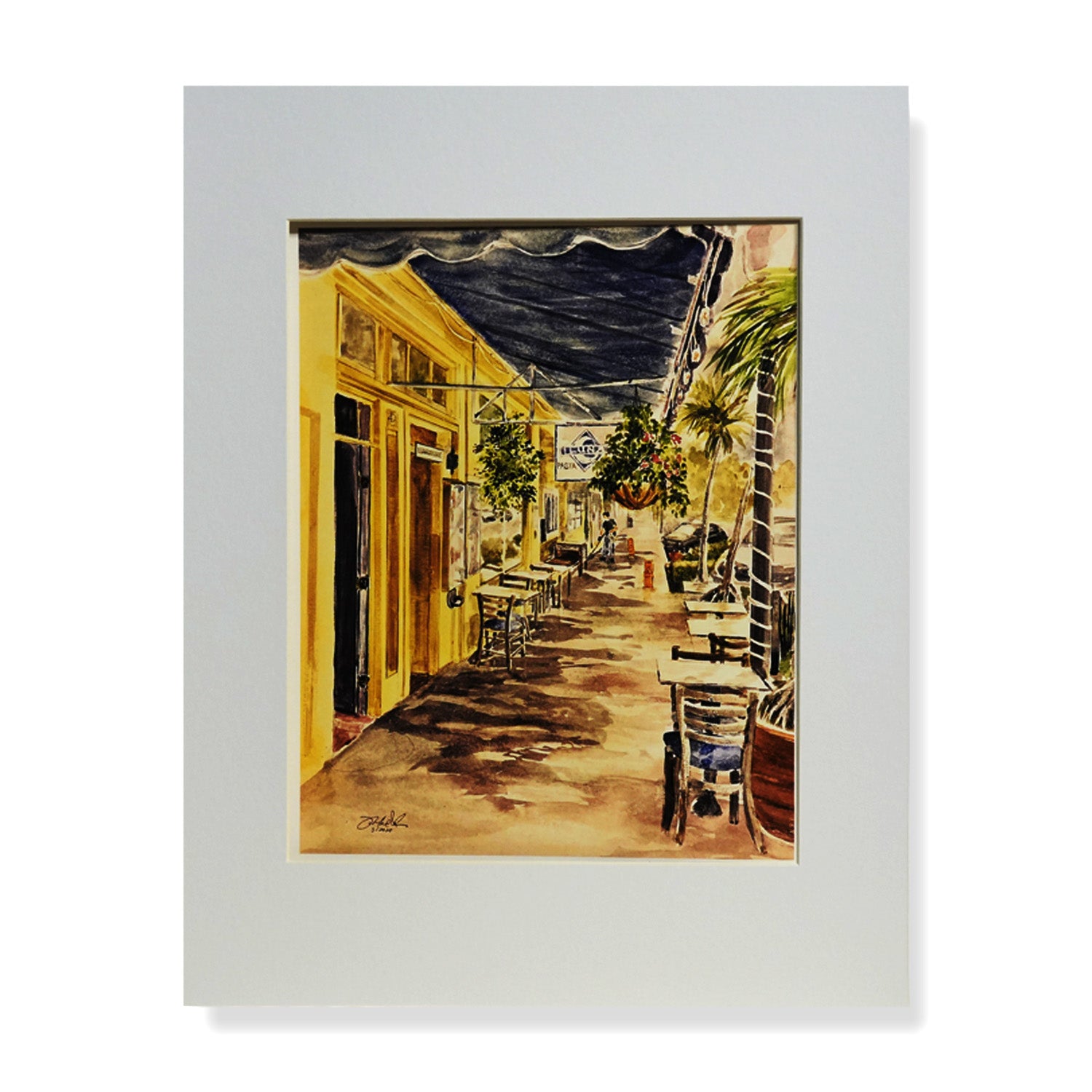 Watercolor painting of Luna’s Sidewalk Café in downtown Stuart, Florida by Treasure Coast artist Don MacIntosh
