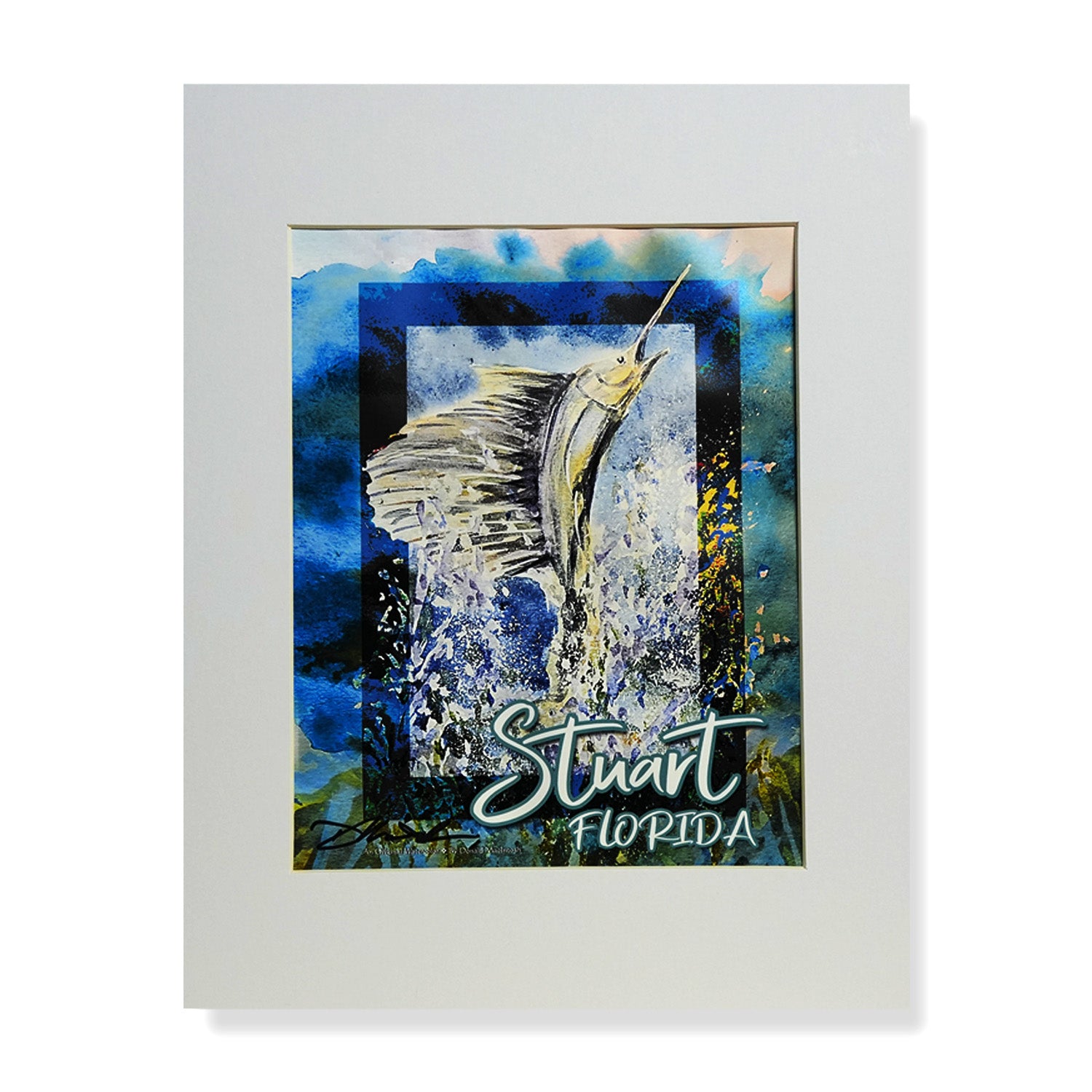 Watercolor painting of a sailfish leaping through vivid ocean blues with “Stuart Florida” text by Treasure Coast artist Don MacIntosh
