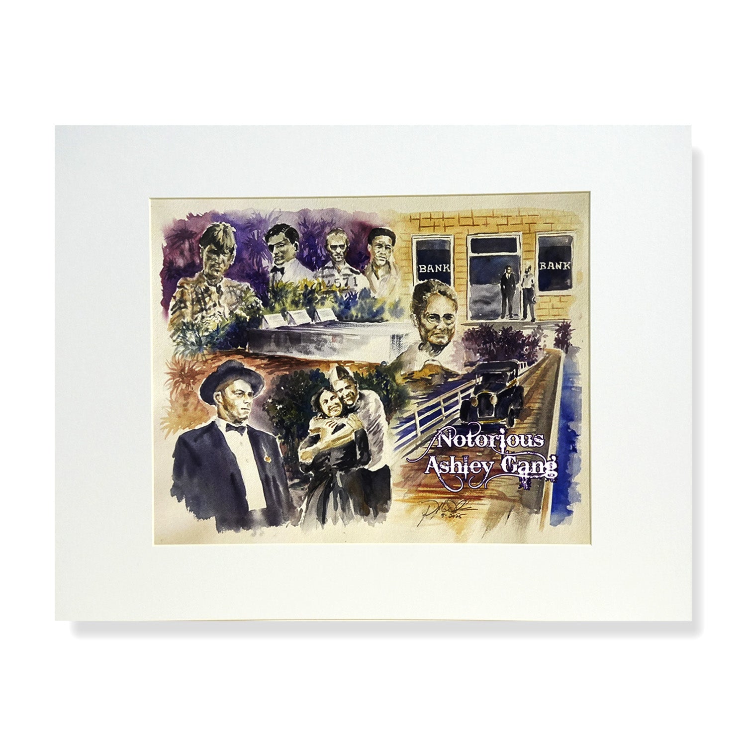 Watercolor painting of the Ashley Gang, Florida’s Prohibition-era outlaws, by Treasure Coast artist Don MacIntosh
