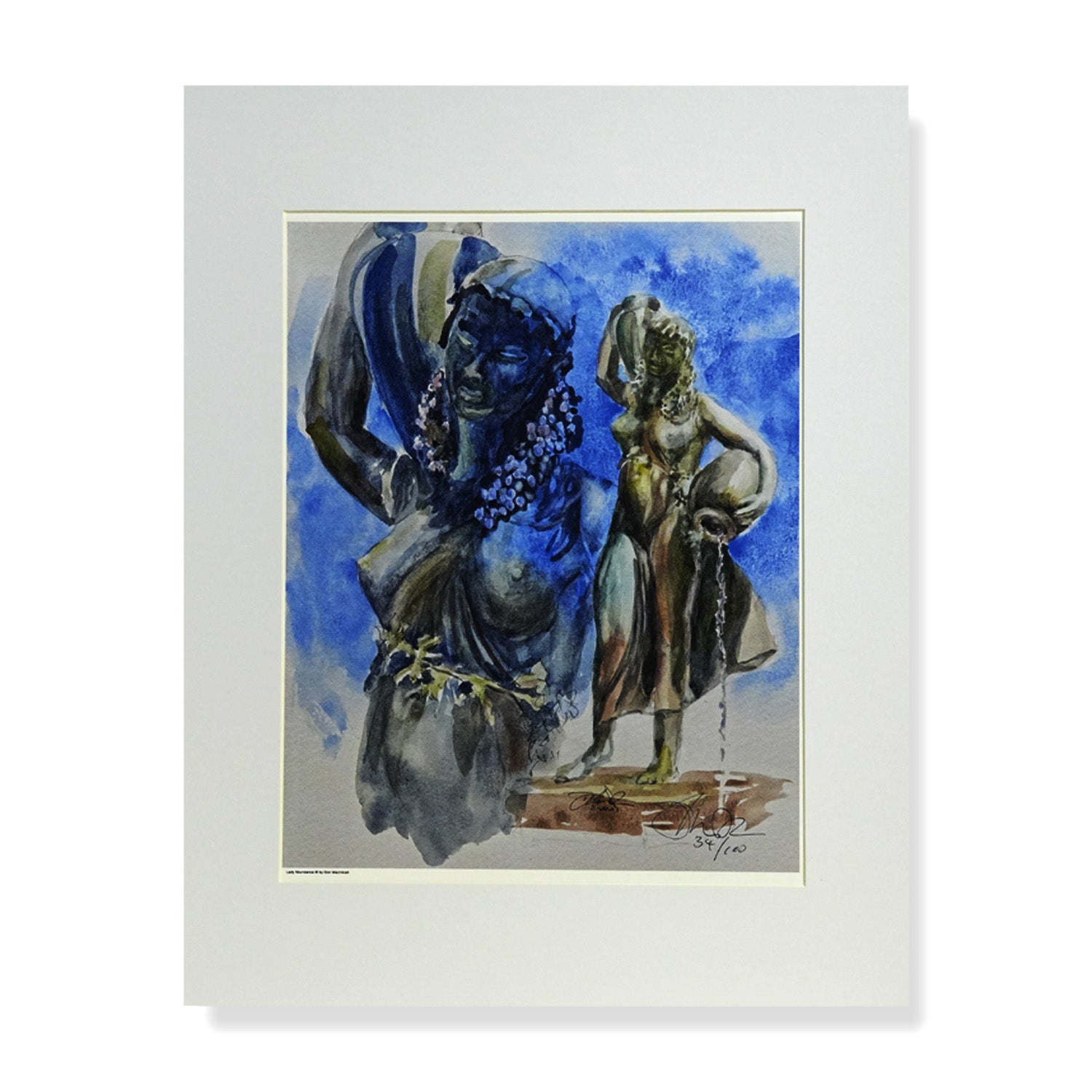 Watercolor painting of the Lady Abundance Fountain statue in downtown Stuart, Florida by Treasure Coast artist Don MacIntosh
