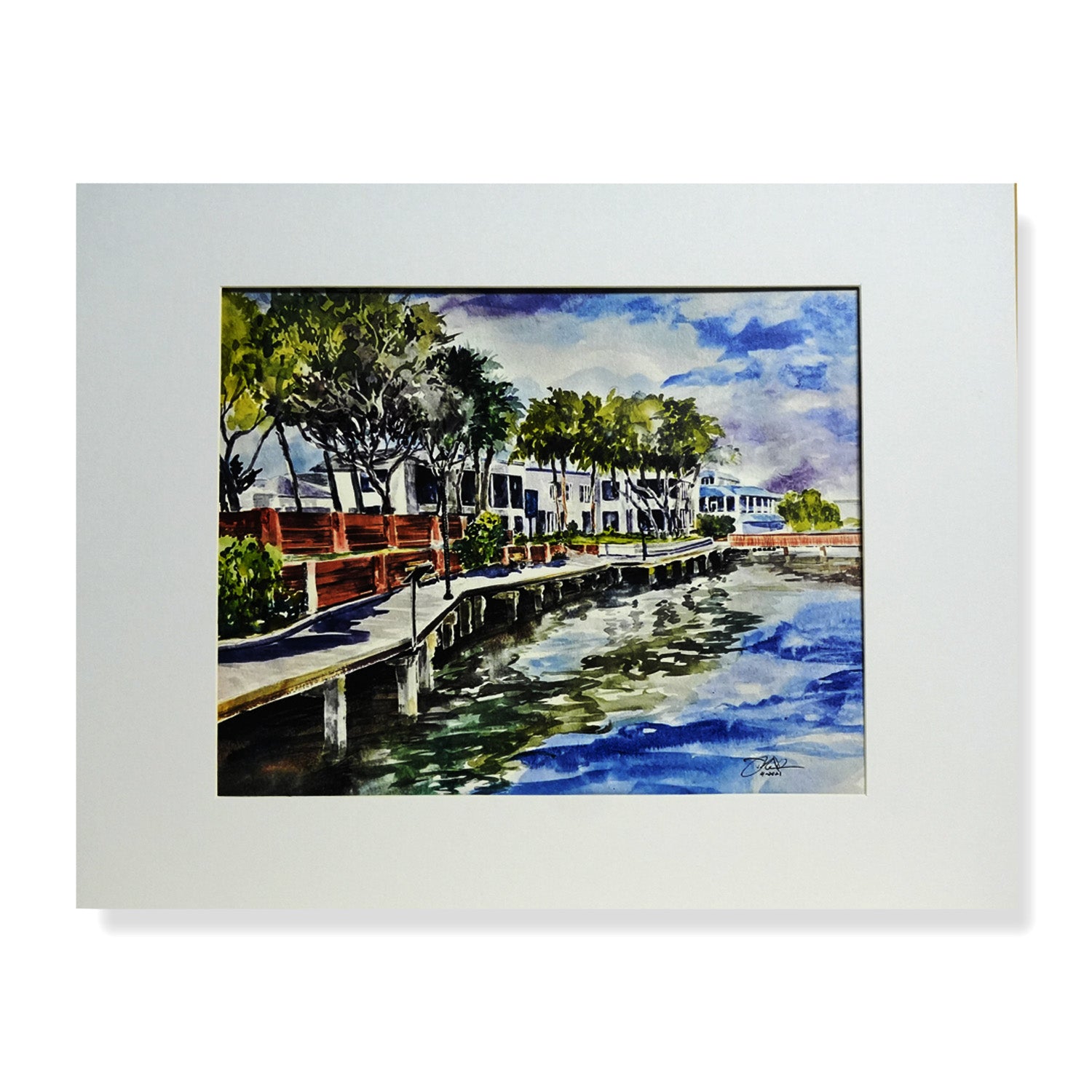 Watercolor painting of the Rock’n Riverwalk in downtown Stuart, Florida by Treasure Coast artist Don MacIntosh
